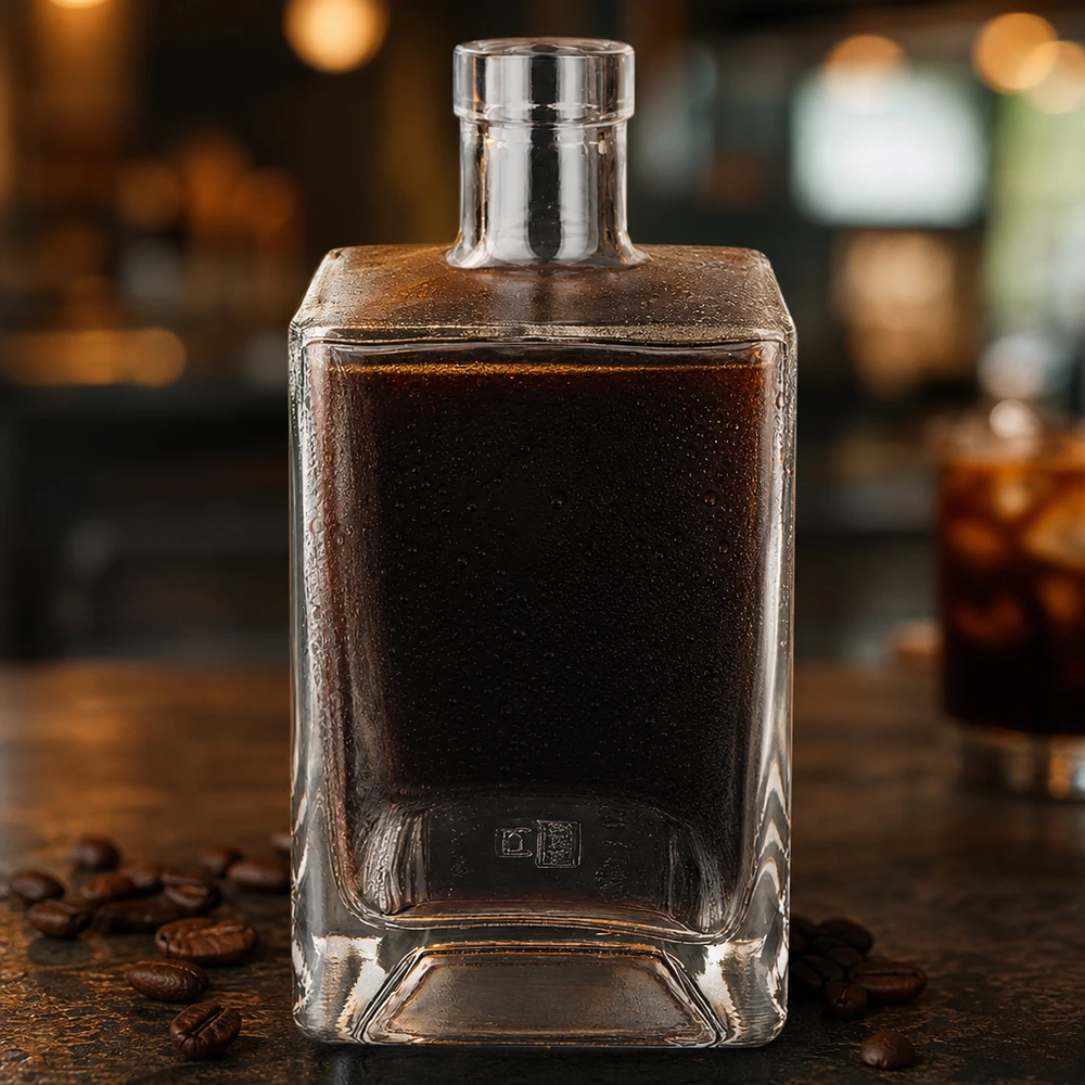 700 ml glazen fles Ben zonder sluiting UNiTWIST® 700 ml glazen Ben fles gevuld met donkere koffielikeur op een rustieke houten tafel met koffiebonen bar sfeer