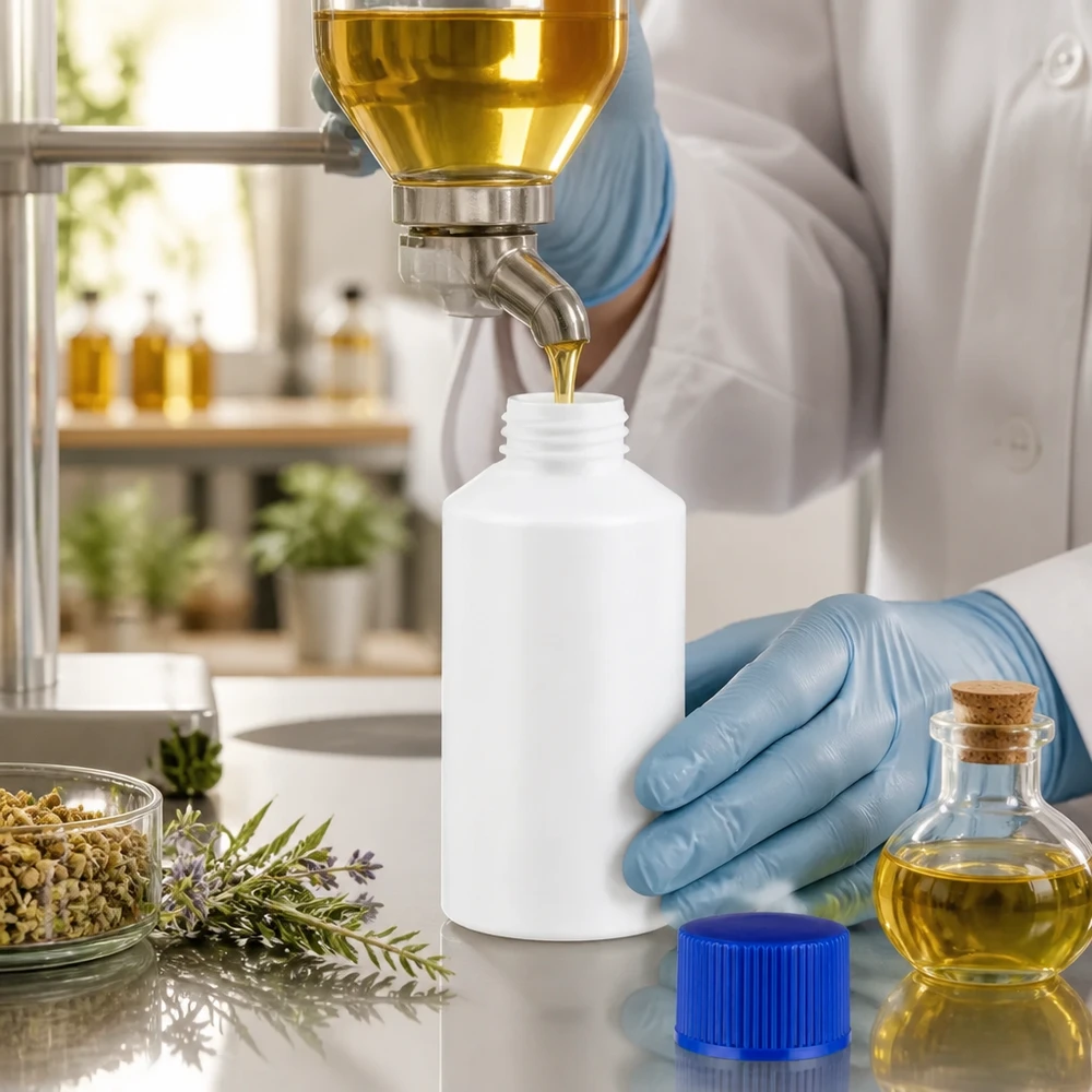 PET cilinderfles 50ml wit met schroefsluiting blauw Het vullen van een witte farmaceutische verpakking van 50 ml met gele olie door een laboratoriummedewerker die handschoenen draagt