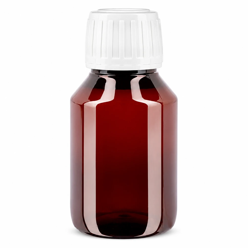 PET-fles met lichtbescherming, 50 ml, bruin, met witte originaliteitssluiting en schroefdop