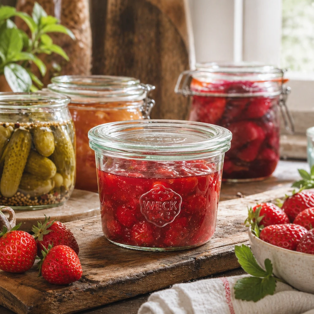 WECK 80ml RR60 pot gevuld met aardbeienjam op een rustieke houten plank met verse aardbeien en inmaakpotten