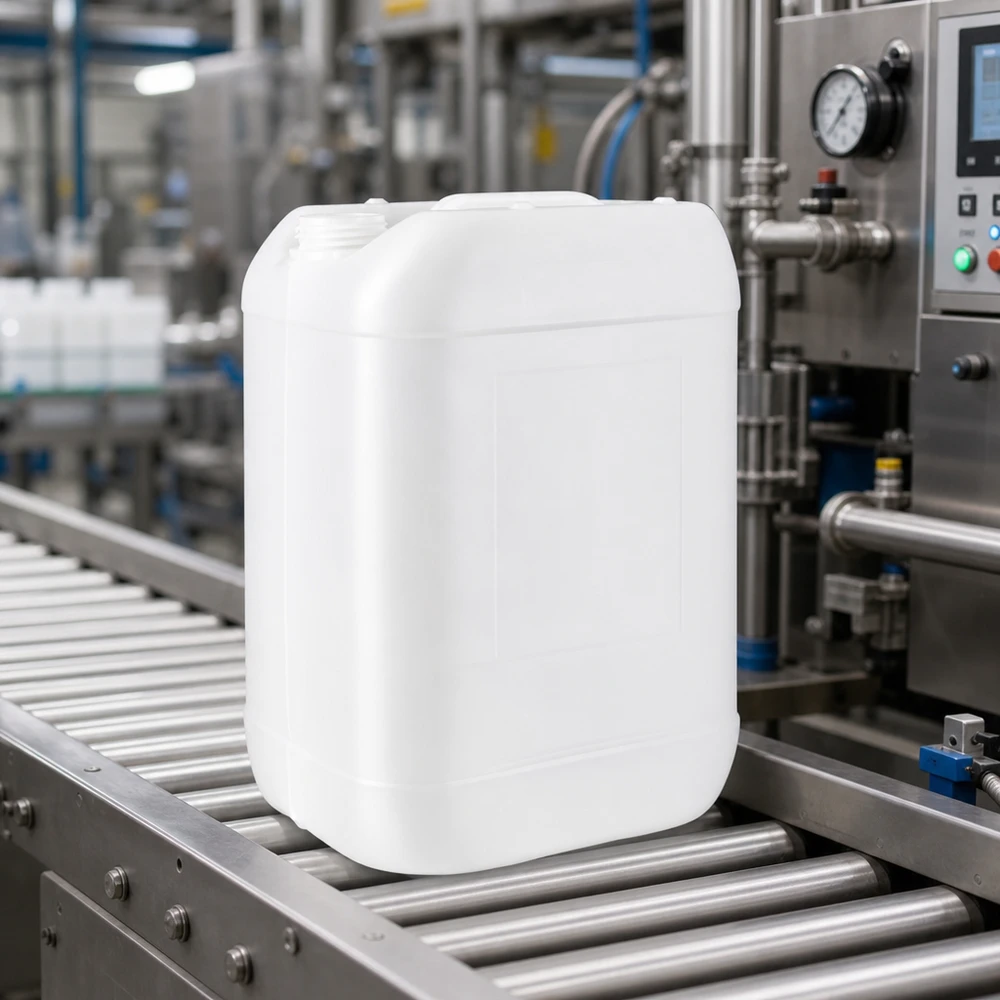 Stapelbare witte jerrycan van 25 liter zonder sluiting, met ergonomische handgreep