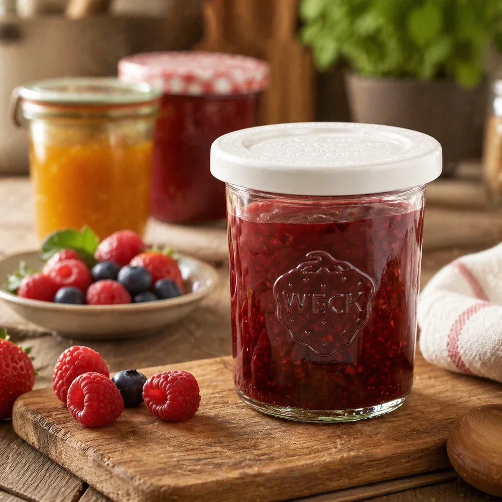 WECK RR60-pot van 160 ml met vershouddeksel WECK RR60-metselpot van 160 ml gevuld met jam van rode bessen op een houten plank naast verse frambozen en bosbessen