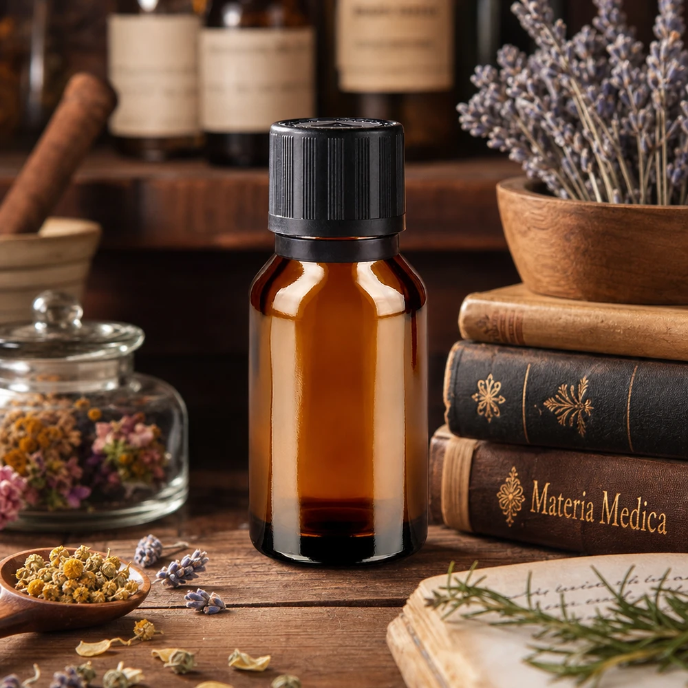 Flesje etherische olie van 15 ml, bruin glas met kinderveiligheid, omgeven door kamille en lavendel