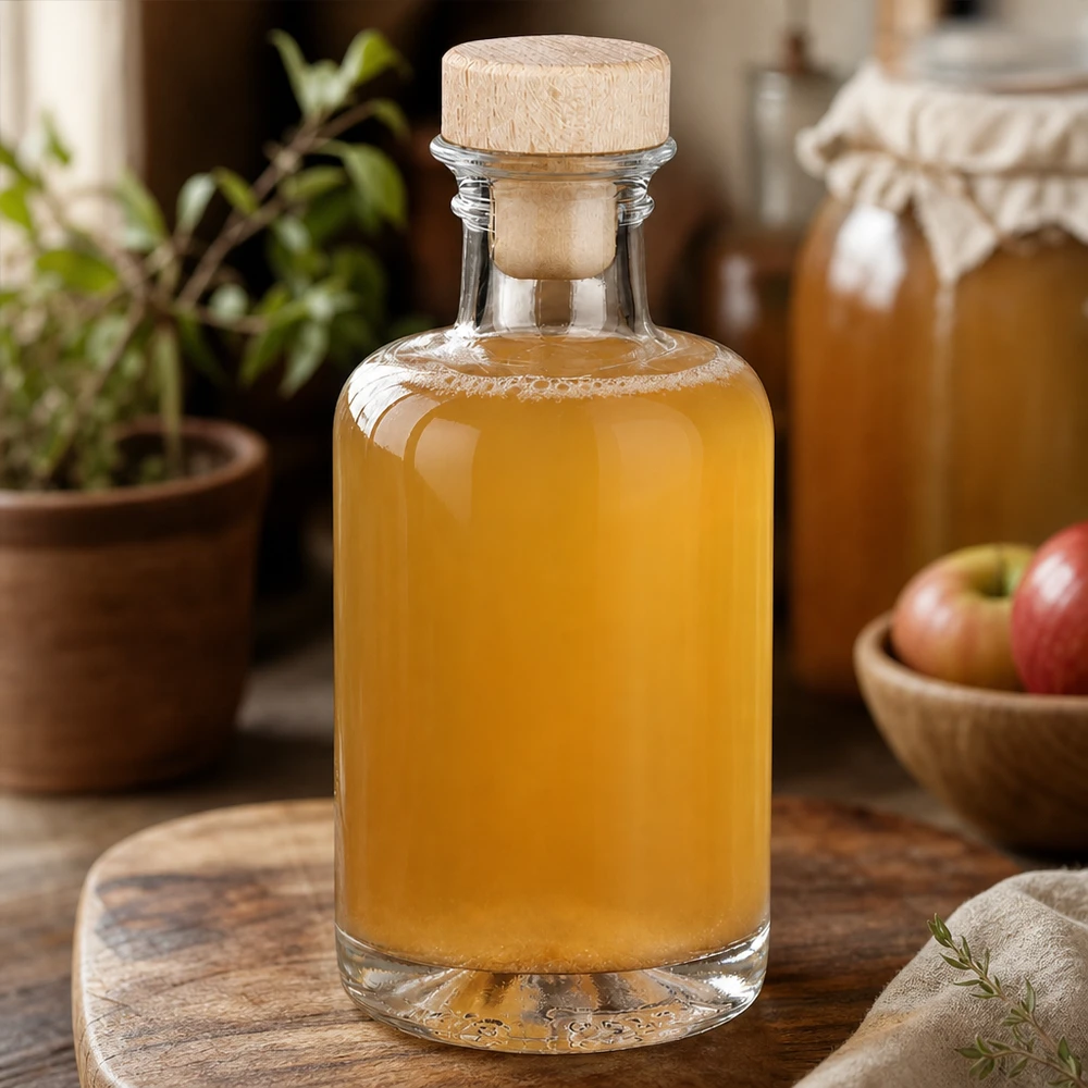 100 ml apothekersfles Sofia met houten handvat en kurk UNiTWIST® 100ml Glasflasche Sofia mit Holzkorken gefüllt mit Apfelsaft neben Äpfeln in warmer Küchen-Atmosphäre Lifestyle