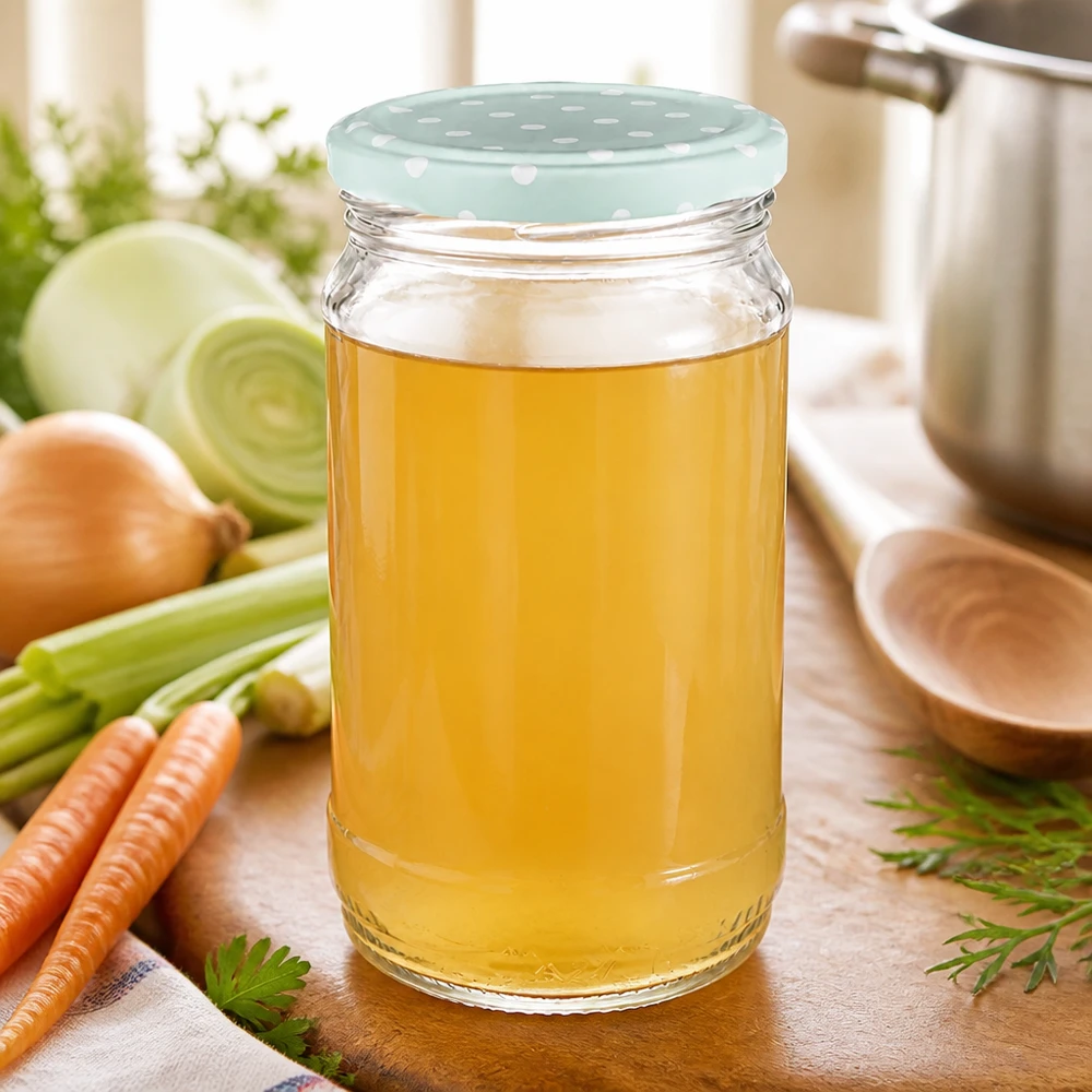 370 ml UNiTWIST rond glas gevuld met bouillon en een mintgroene BasicSeal-deksel met stippen naast groenten