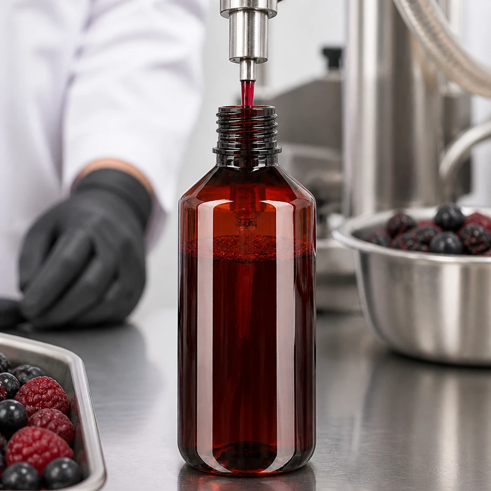 Een PET-fles van 200 ml met een zwarte pomp wordt gevuld met donkerrood fruitextract en verse bessen