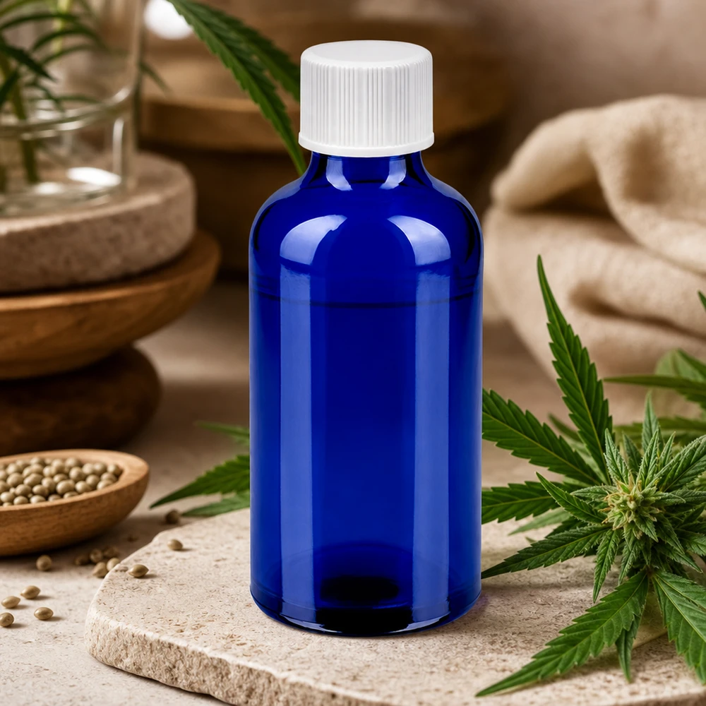 50ml blauwe druppelfles met kindveilige witte dop voor cosmetische producten