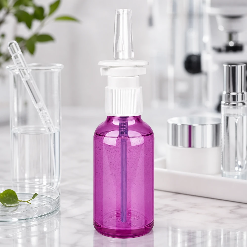 30ml neussprayfles wit/transparant standaard PurpleLine. UT18/30 Robuust plastic neussprayflesje van 30 ml in een aantrekkelijke paarse kleur voor het veilig bewaren van medicijnen