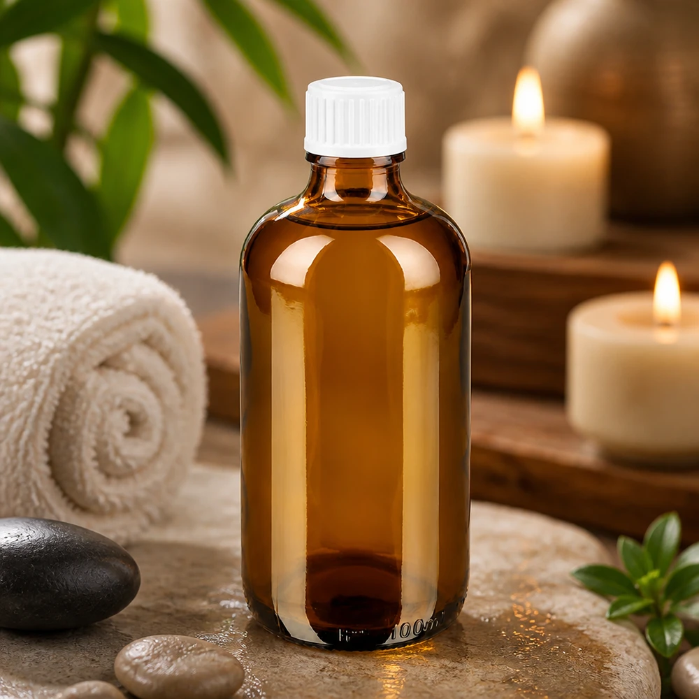 Aromatherapie-flesje van 100 ml van bruin glas met een witte kindveilige sluiting