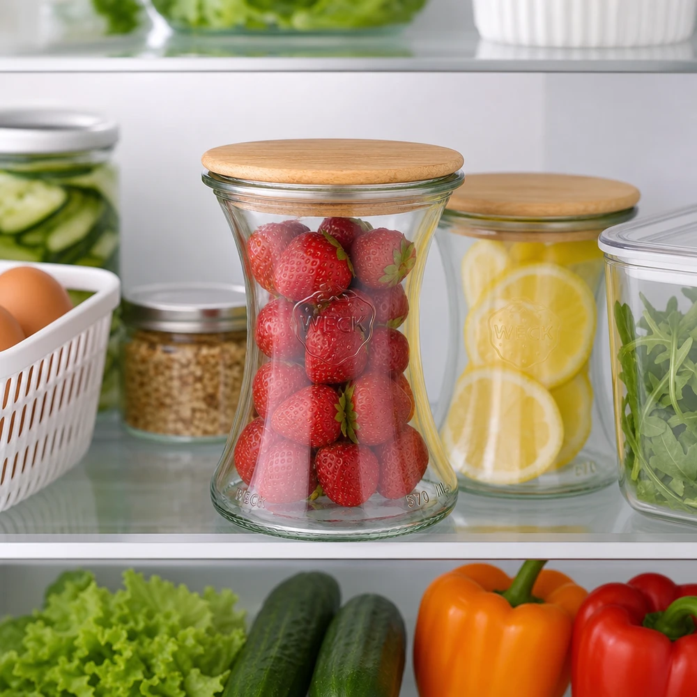 WECK delicatessenpot 370ml RR80 met houten deksel voor het vers houden van aardbeien en citroenen in de koelkast