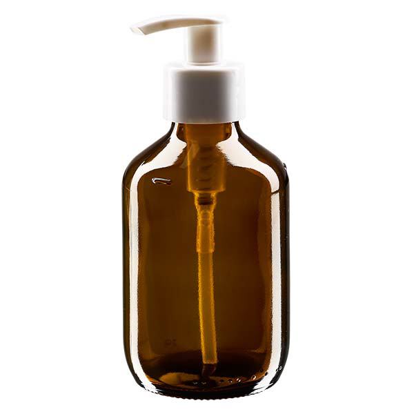 200ml Euro-medicijnfles bruin met witte dispenserpomp 200ml Euro-medicijnfles bruin met witte dispenserpomp