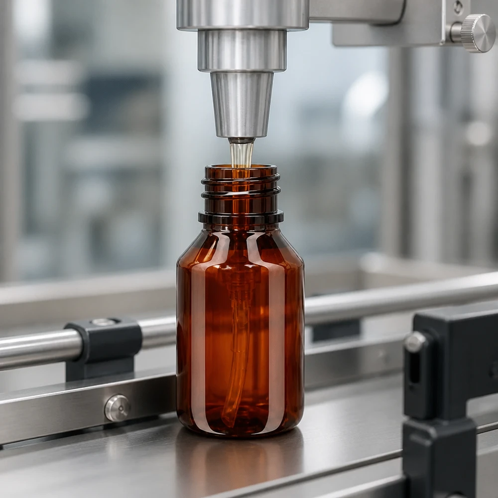 Nauwkeurig afvullen van een amberkleurige dispenserfles van 50 ml met behulp van een automatische afvulkop