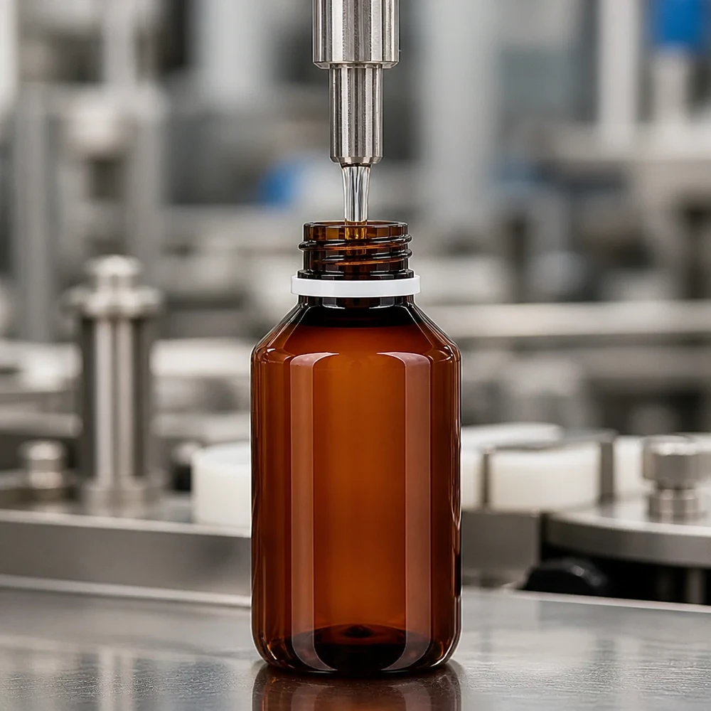 Kleine farmaceutische verpakking: PET-flesje van 50 ml, amberkleurig, met buitenverpakking op de productielijn