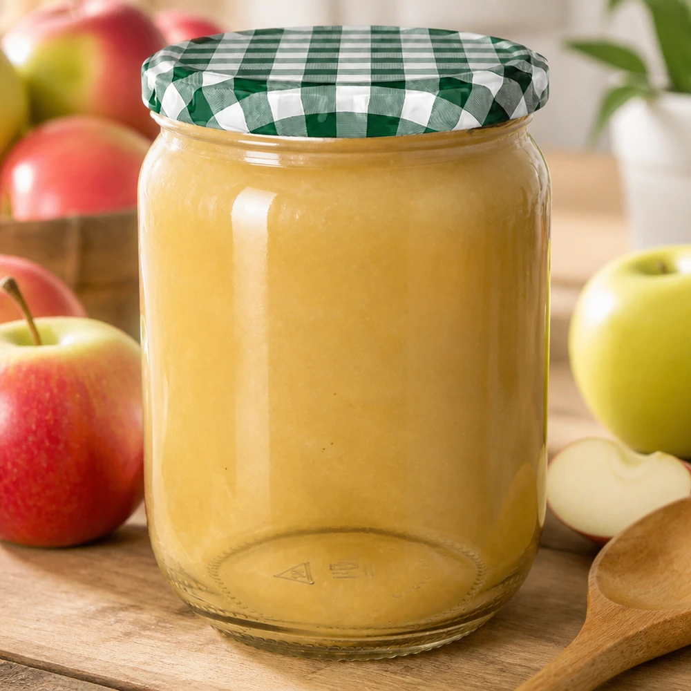 555 ml rond glas + BasicSeal-deksel groen/wit UNiTWIST 555 ml UNiTWIST-glas met appelmoes, omringd door rode en groene appels op een houten achtergrond