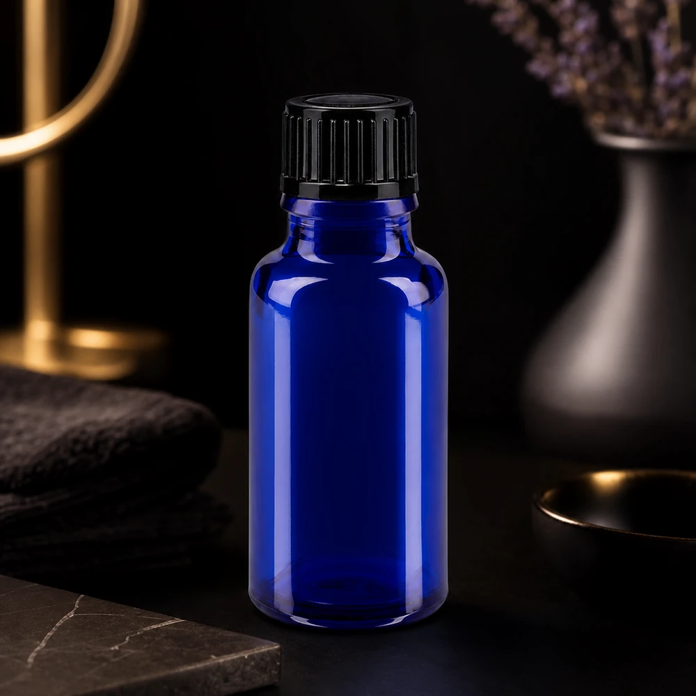 Blauwe glazen flessen 20ml met zwart schroefsluiting St Compacte apothekersfles, blauw, 20 ml, met zwart SV-label, voor oliën, tincturen en essences