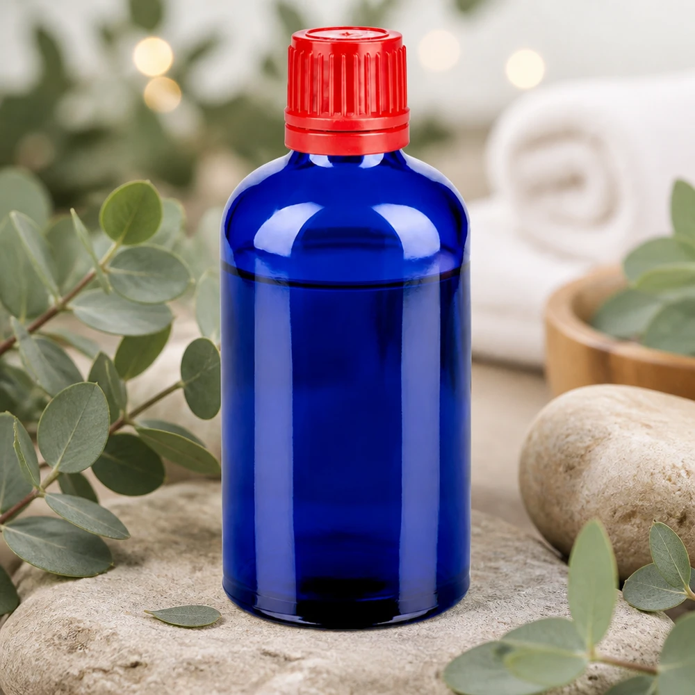 100ml fles 11mm SV rood OV BlueLine UT18/100 100ml BlueLine glazen fles met UV-bescherming dankzij kobaltblauw glas en stevige dop