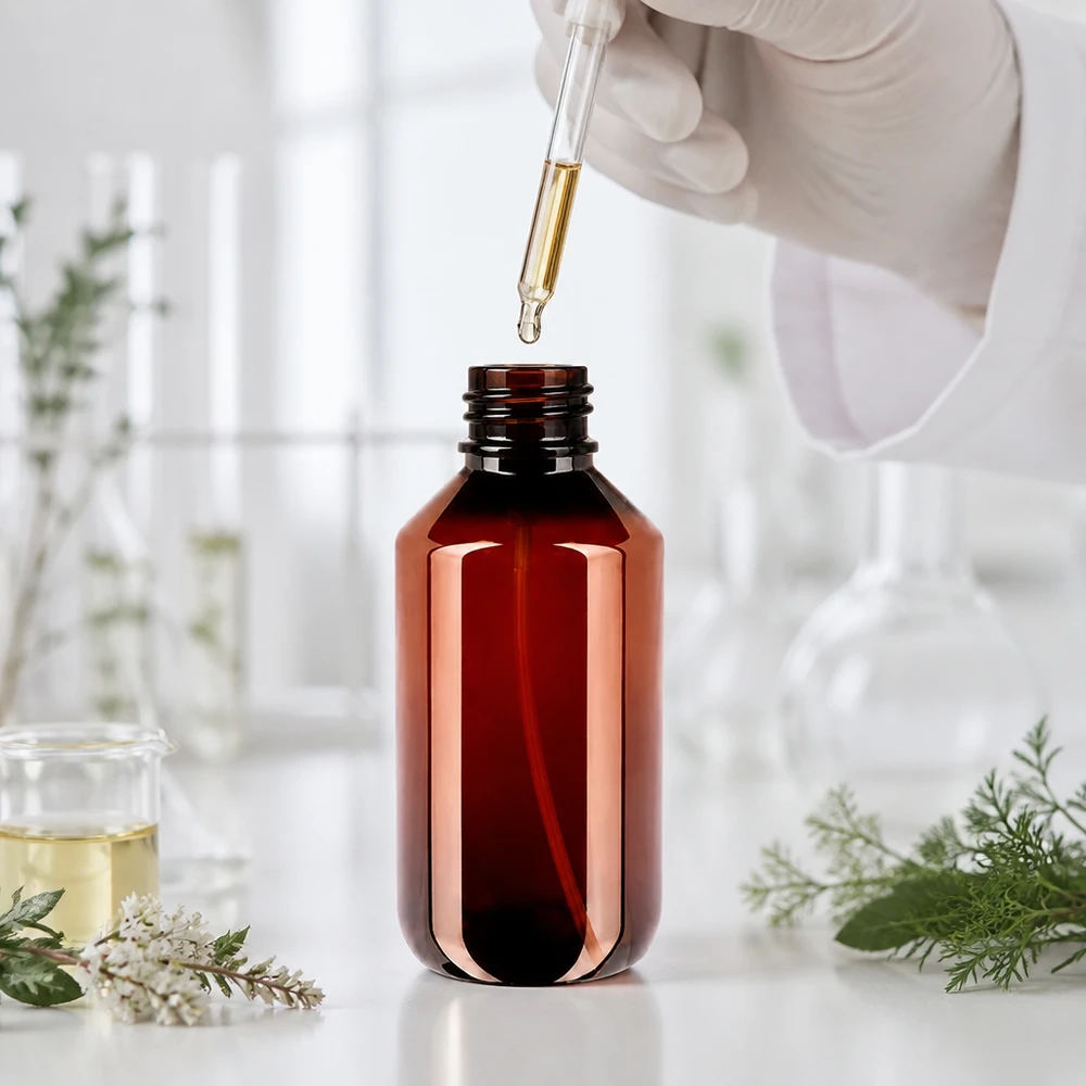 200 ml PET medicijnfles met verstuiver zwart GCMI 28/410 incl. dop transparant, standaard UV-schützende 200ml Flasche aus PET in Bernstein mit schwarzem Sprühkopf