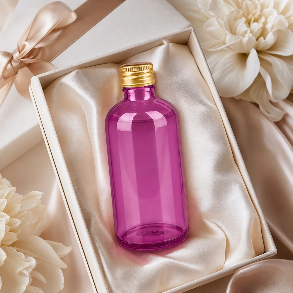Violette glazen fles 100ml standaard ontwerp met metalen deksel voor professioneel gebruik