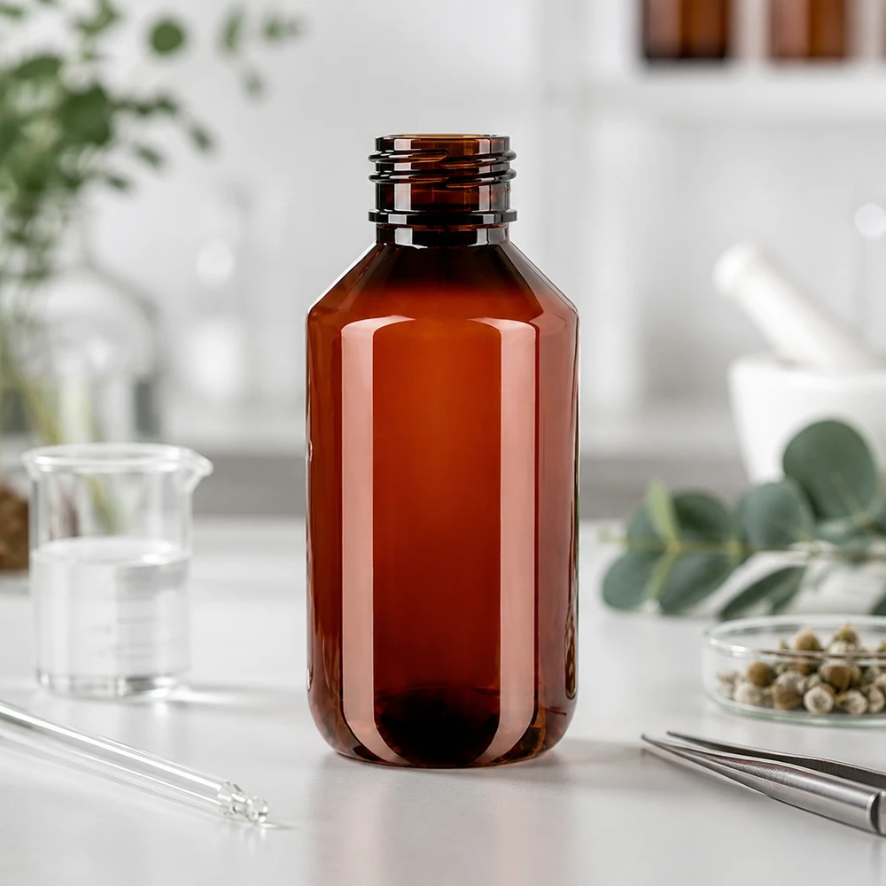 Braune 200ml Kunststoff-Rundflasche mit schwarzem Schraubgewinde für Spritz- und Originalitätsverschluss