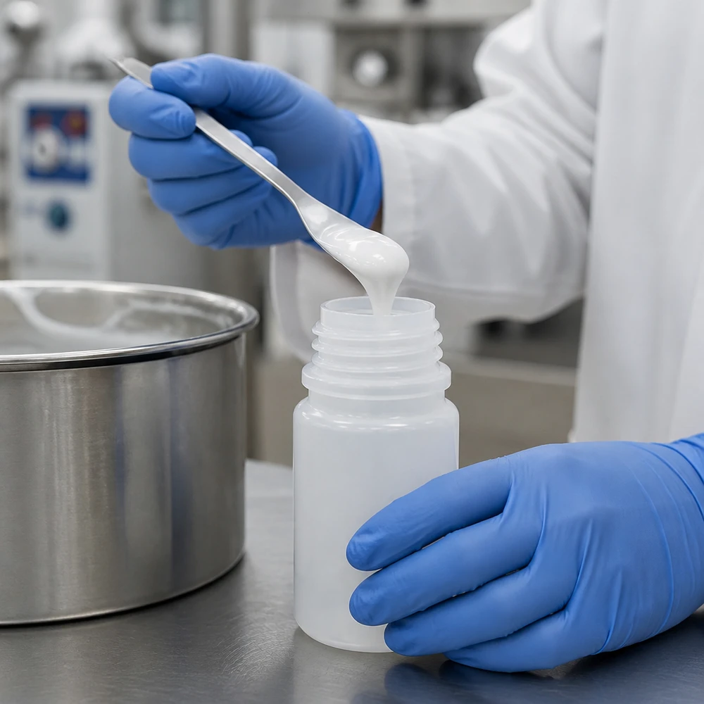 Het vullen van een 50 ml-fles met wijde hals met een halfvaste witte substantie met behulp van een metalen spatel