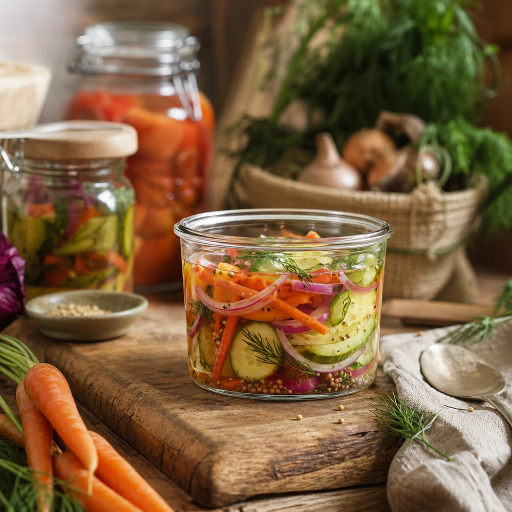WECK 35ml mason jar met ingemaakte groenten op houten plank, inmaakpot voor fermentatie en conservering