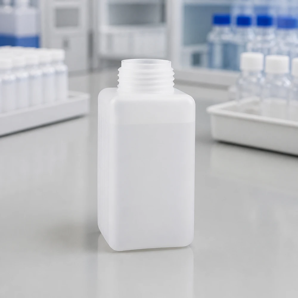 Stevige fles met brede hals van PE-HD, 1500 ml, naturel, stapelbaar, voor laboratoriumgebruik en opslag