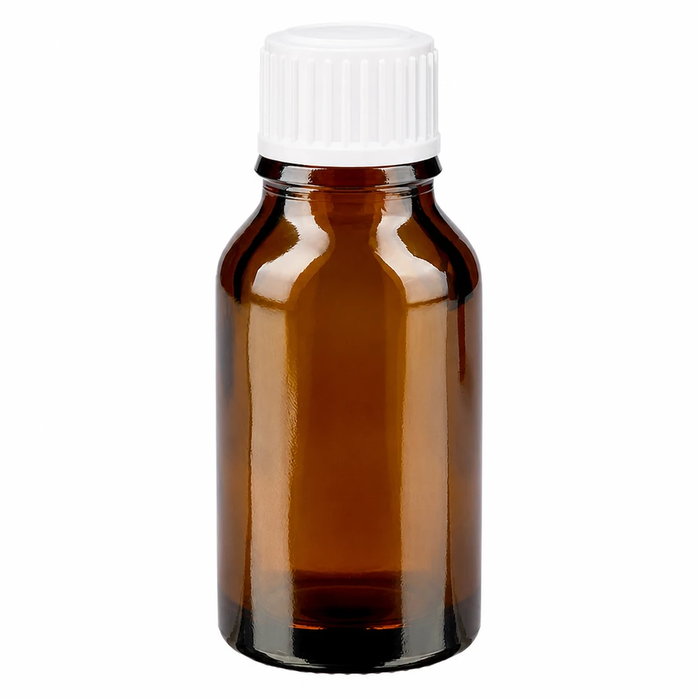 Farmaceutische glazen fles van 30 ml in amberkleur met een witte schroefdop van 11 mm