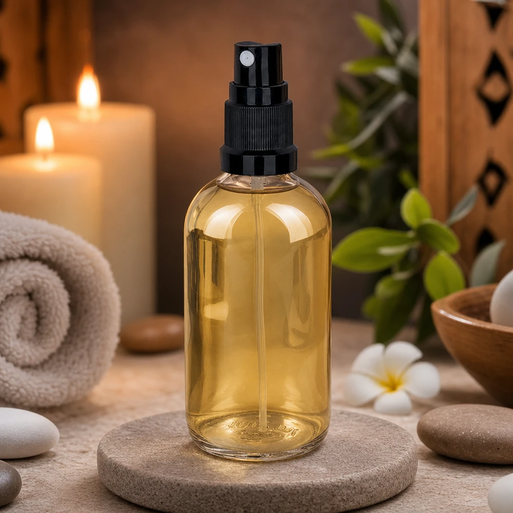 Amberkleurige spuitfles van 100 ml UT18/100 op natuursteen in een ontspannen spa-sfeer