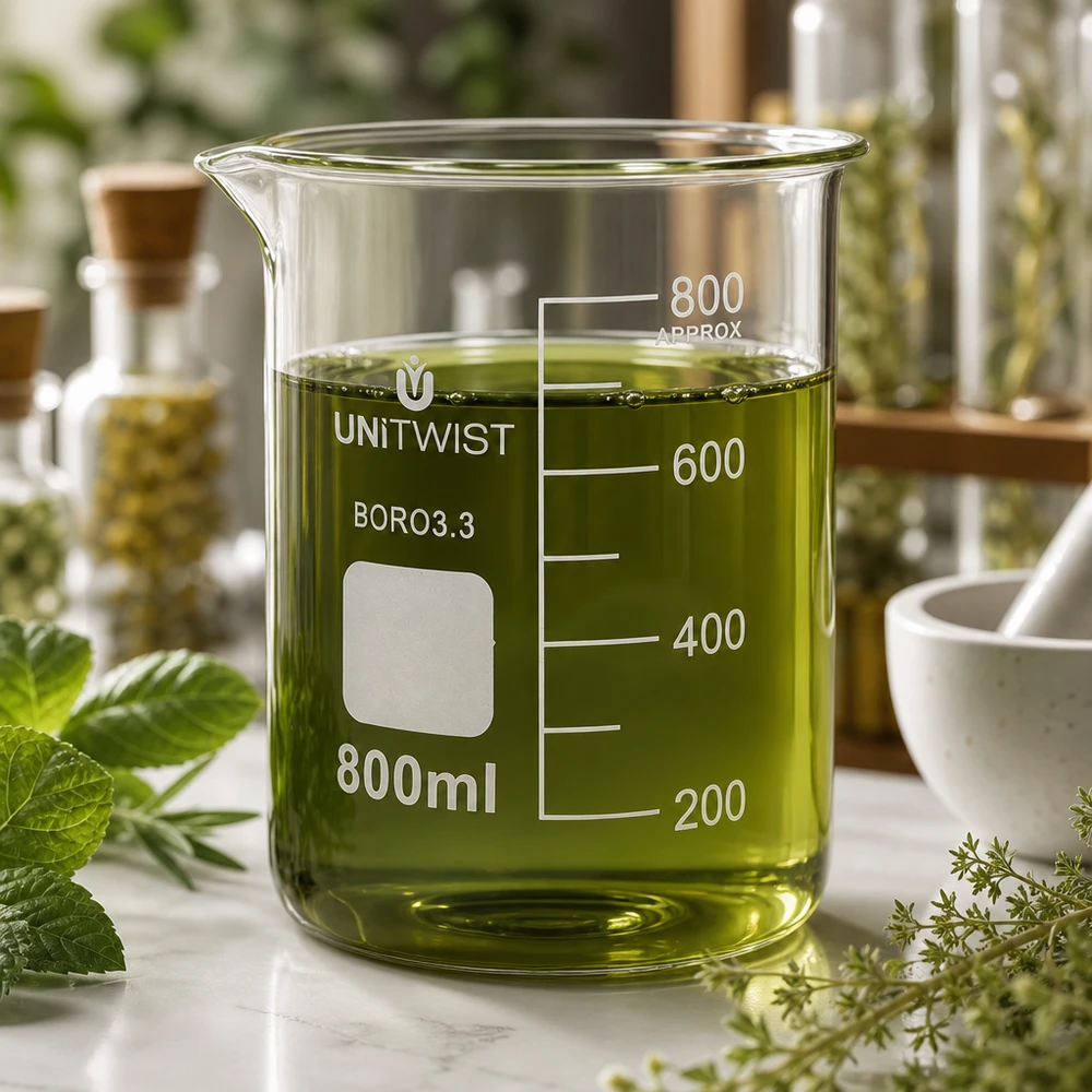Beker 800ml borosilicaat, lage vorm UNiTWIST UNiTWIST laboratoriumbeker van 800 ml met een groene extractmorter en kruidenpotjes op de achtergrond
