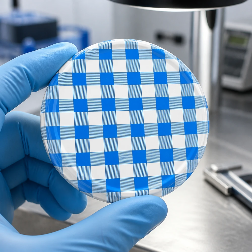 BasicSeal-deksel van 82 mm, geschikt voor levensmiddelen, blauw-wit geruit, hygiënische verpakking
