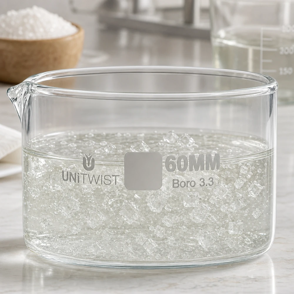 Open glazen schaal met een diameter van 60 mm en gezwollen acrylkristallen voor laboratoriumtoepassingen