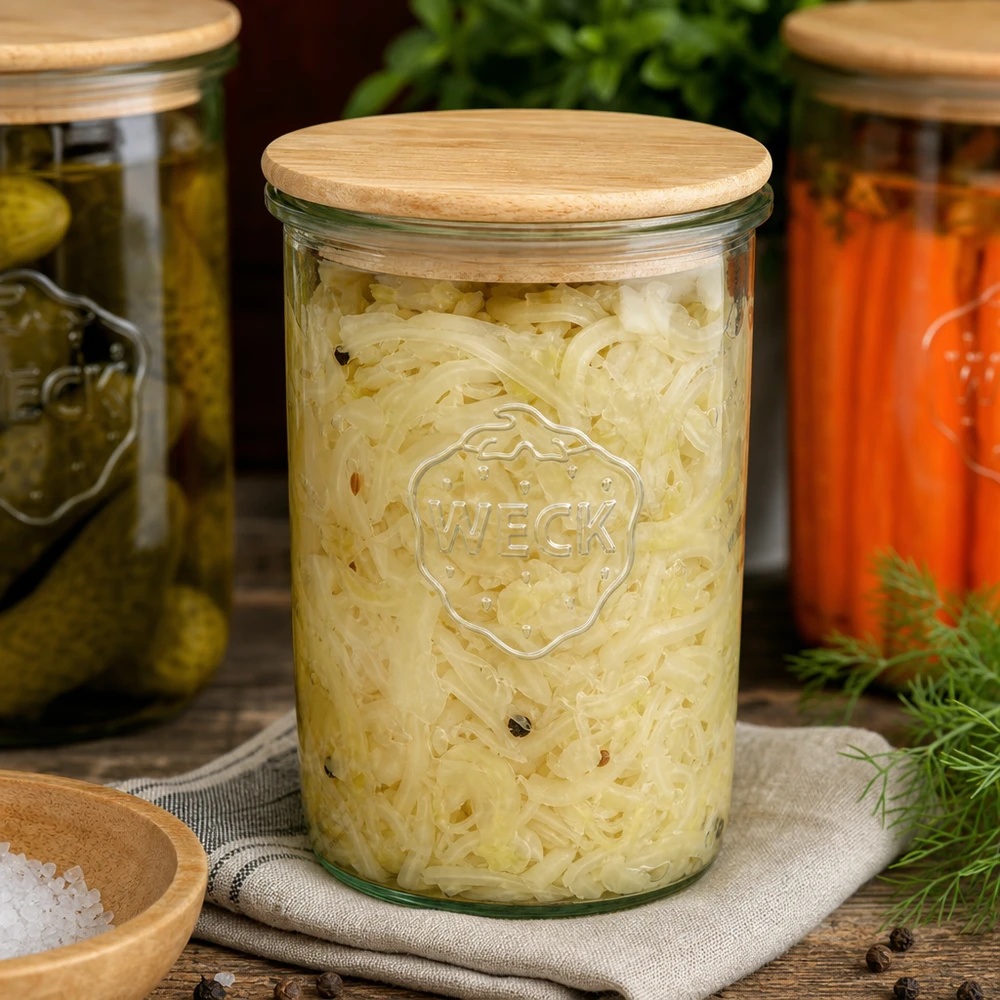 1000ml stortglas WECK RR100 met hout deksel WECK inmaakpot 1000ml gevuld met zuurkool en houten deksel naast ingemaakte komkommers en wortelen Fermentatie