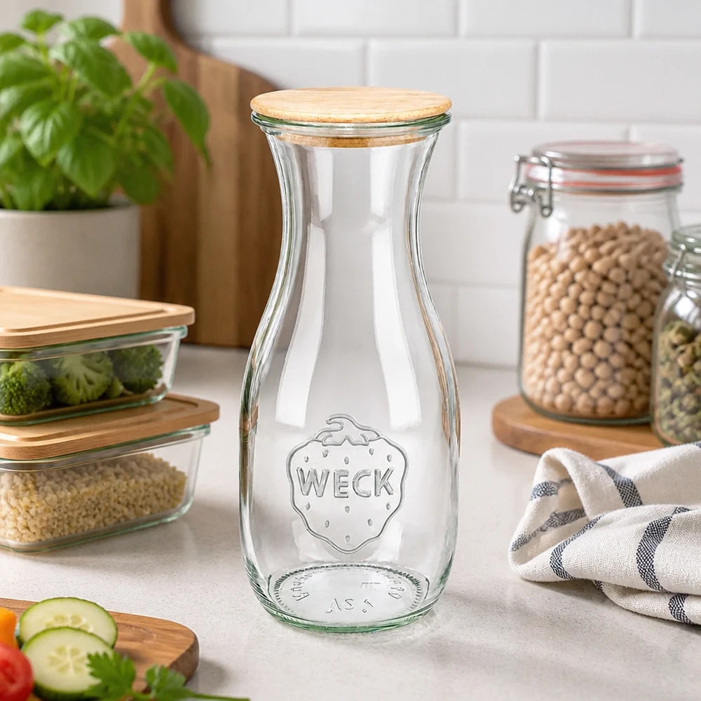 WECK sapfles 530ml RR60 met houten deksel in moderne keukens naast groenten en peulvruchten als opbergoplossing
