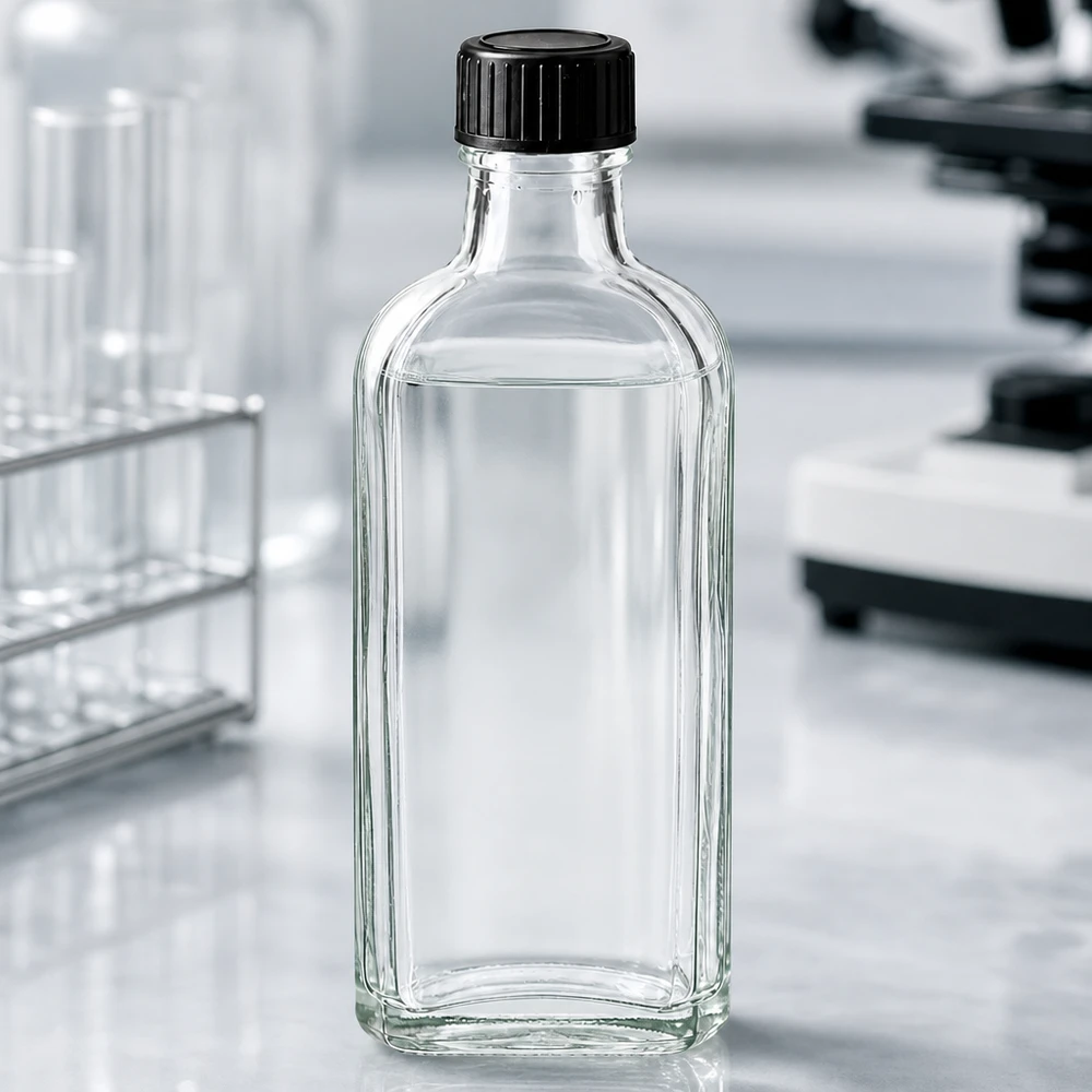 Meplat-fles van helder glas, 100 ml, met veilige schroefdop en afdichtingsring, voor laboratoriumgebruik