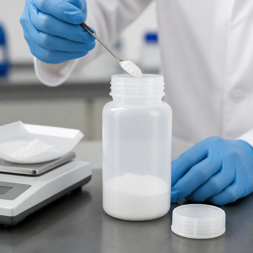 Wijde hals laboratoriumfles 1000ml met sluiting Nauwkeurig afwegen en vullen van wit poeder in een laboratoriumfles met brede hals van 1000 ml met behulp van een weegschaal