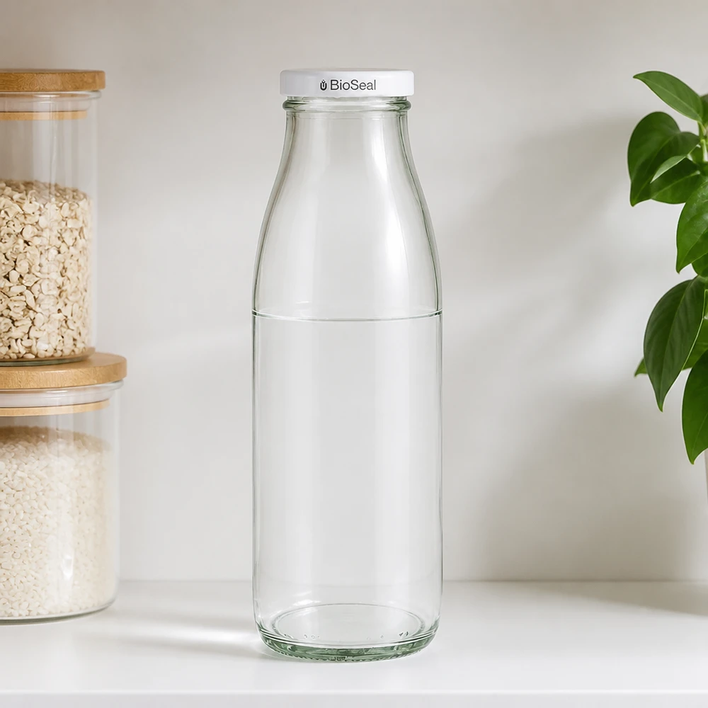 500ml glazen fles met BioSeal dop in keukenomgeving, naast voorraadpotten met muesli en groene plant