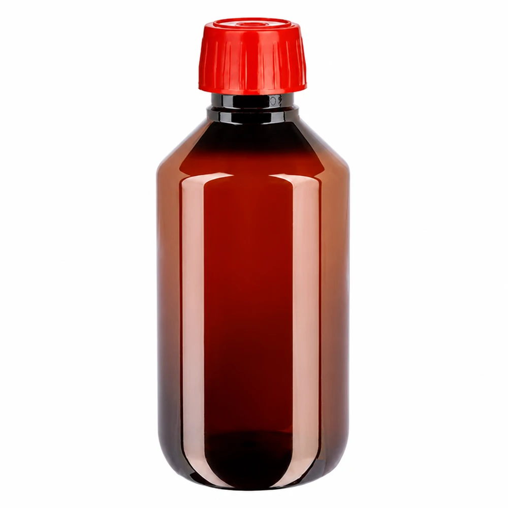 Lichtbestendige PET-fles van 200 ml, bruin, met rode ontgassingsschroefdop