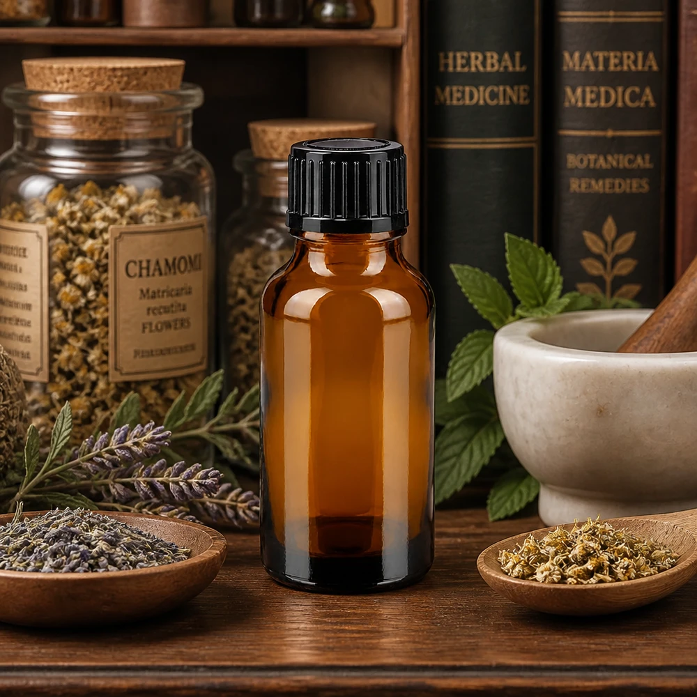 Een apothekersflesje van 20 ml van bruin glas met een zwarte schroefdop, naast een vijzel en kruidenboeken