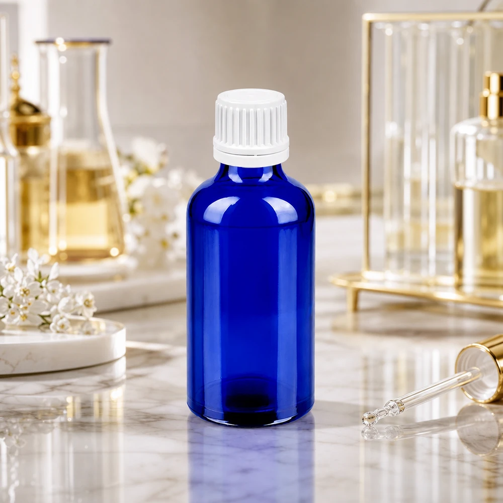 50ml fles 11mm SV wit OV BlueLine UT18/50 Professionele laboratoriumfles van 50 ml in diepblauw met verzegelbare dop