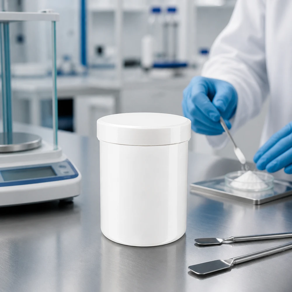 Stevige witte ronde bus van 800 g, gemaakt van polypropyleen, met schroefdeksel, voor cosmetica en farmaceutische producten