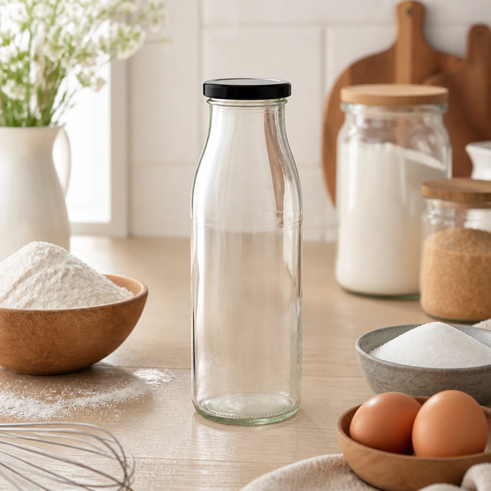 Glazen fles van 500 ml met zwart deksel in een natuurlijke keukenomgeving met bakingrediënten en houten kommen
