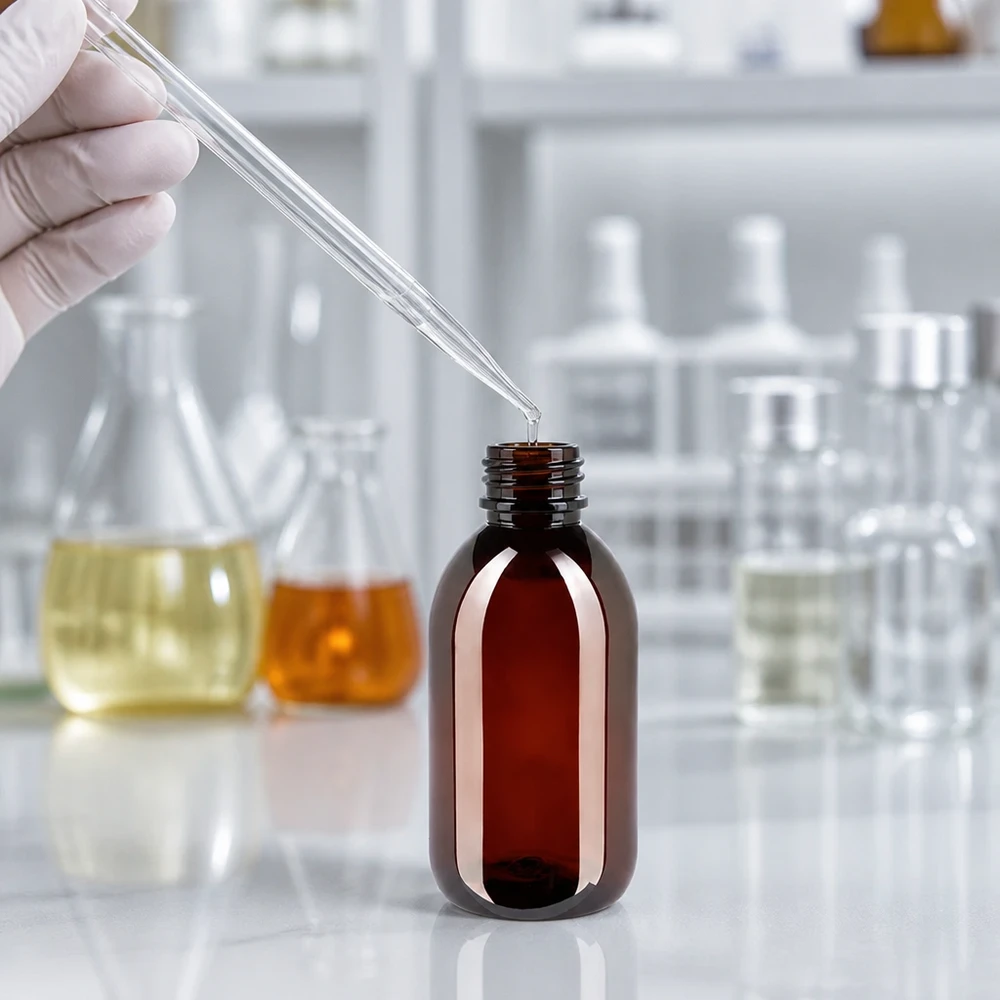 Bruin medicijnflesje van 250 ml PET met rode schroefdop en verzegeling