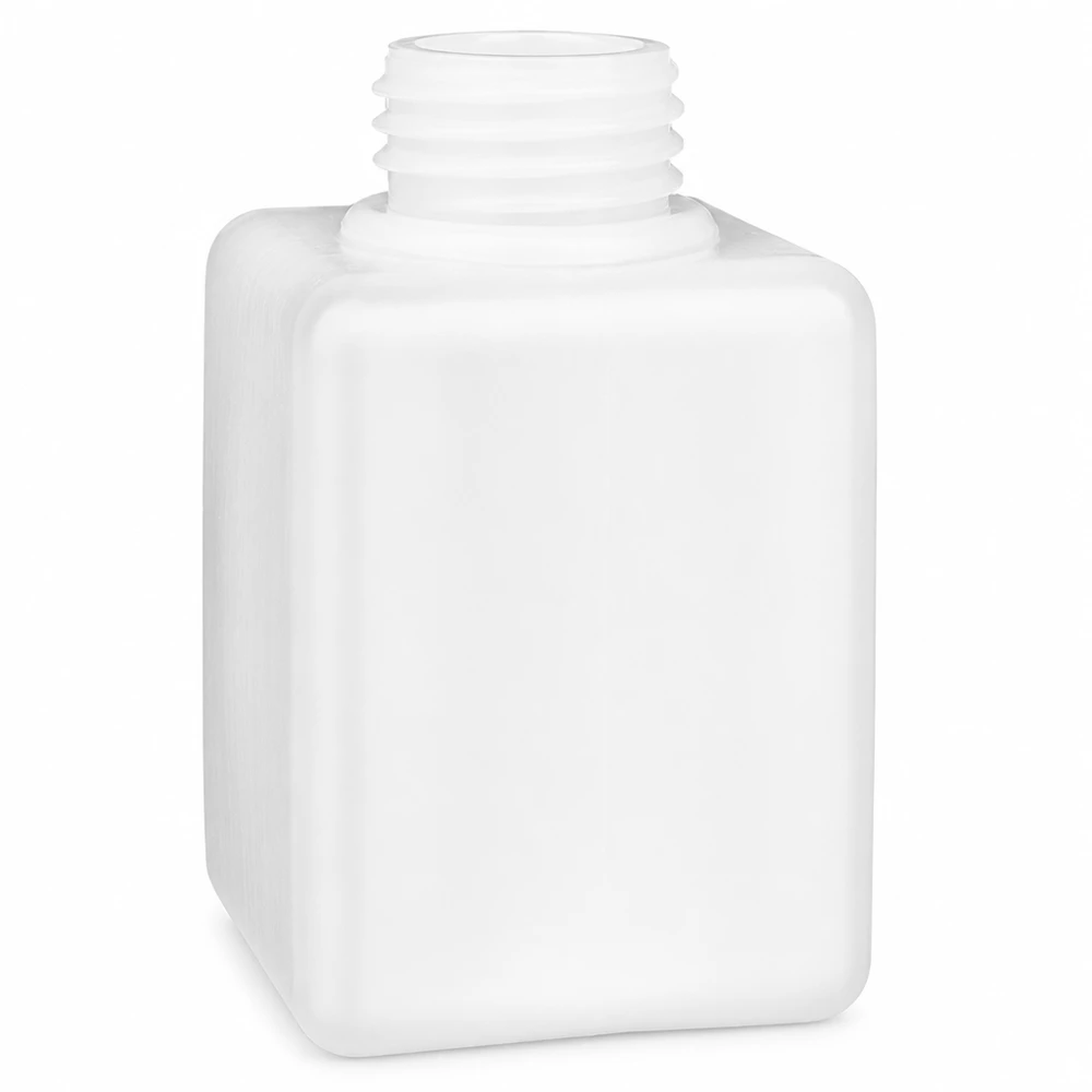 Rechthoekige witte kunststof fles van 100 ml met smalle hals, GL 25, van PE-HD, voor chemicaliën