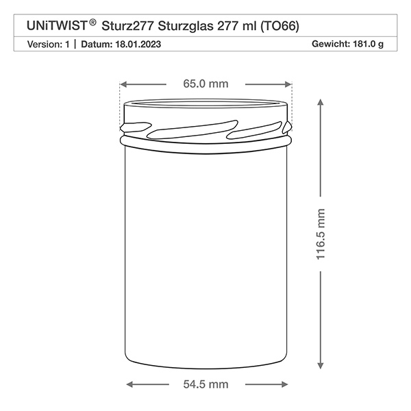 277ml beker zonder deksel (TO66) UNiTWIST UNiTWIST Sturz277 beker 277ml TO66 met technische tekening Afmetingen 65mm diameter 116,5mm hoogte Gewicht 181g