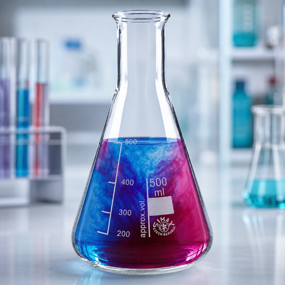 Erlenmeyer 500 ml van robuust laboratoriumglas met meerkleurige testoplossing