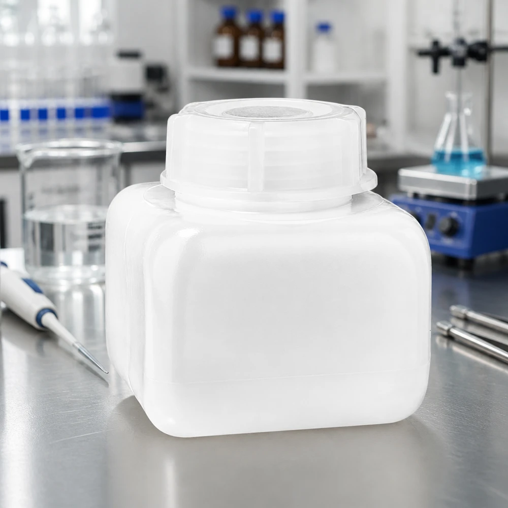 Chemicaliënfles 250 ml, wijde hals, incl. sluiting GL 50 Voedselveilige PE-HD-fles van 250 ml, naturel, gemaakt van UV-bestendig polyethyleen met hoge dichtheid