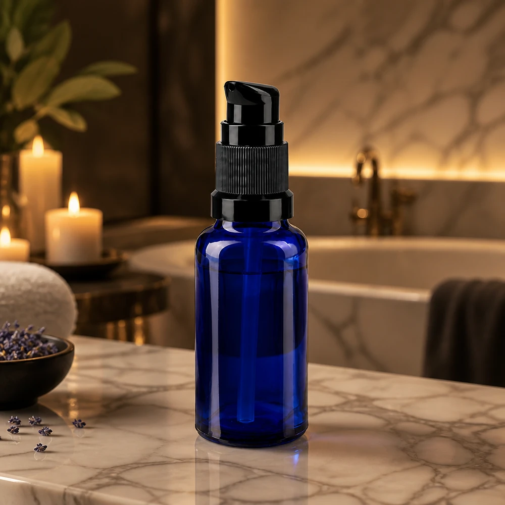 Blauwe glazen flessen 20ml met zwart pompsluiting Compacte blauwe pompfles van 20 ml, gemaakt van UV-bestendig glas, met een zwarte dispenser voor cosmetische oliën