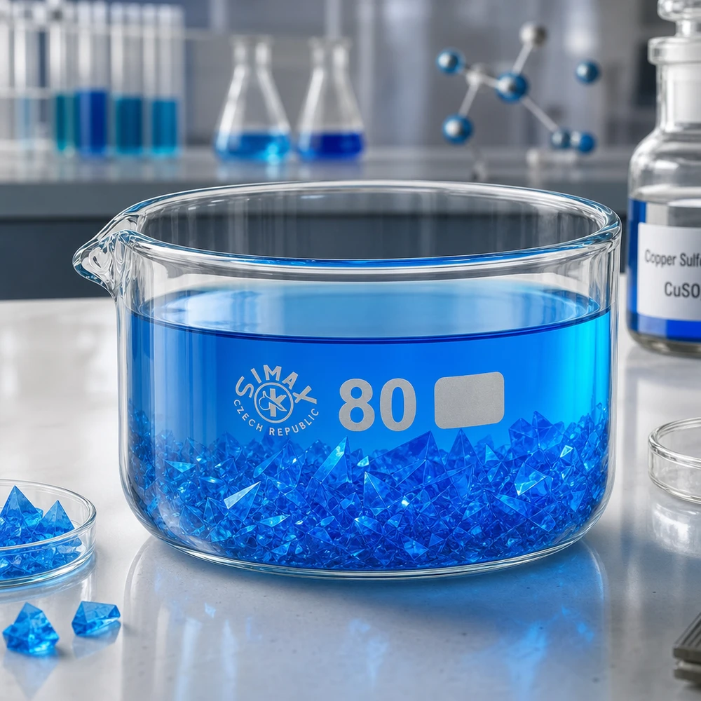 Kristalliseerschaal 150ml met schenktuit Kristallisatieschaal ø 80 mm, 150 ml, met blauwe oplossing en kopersulfaatkristallen