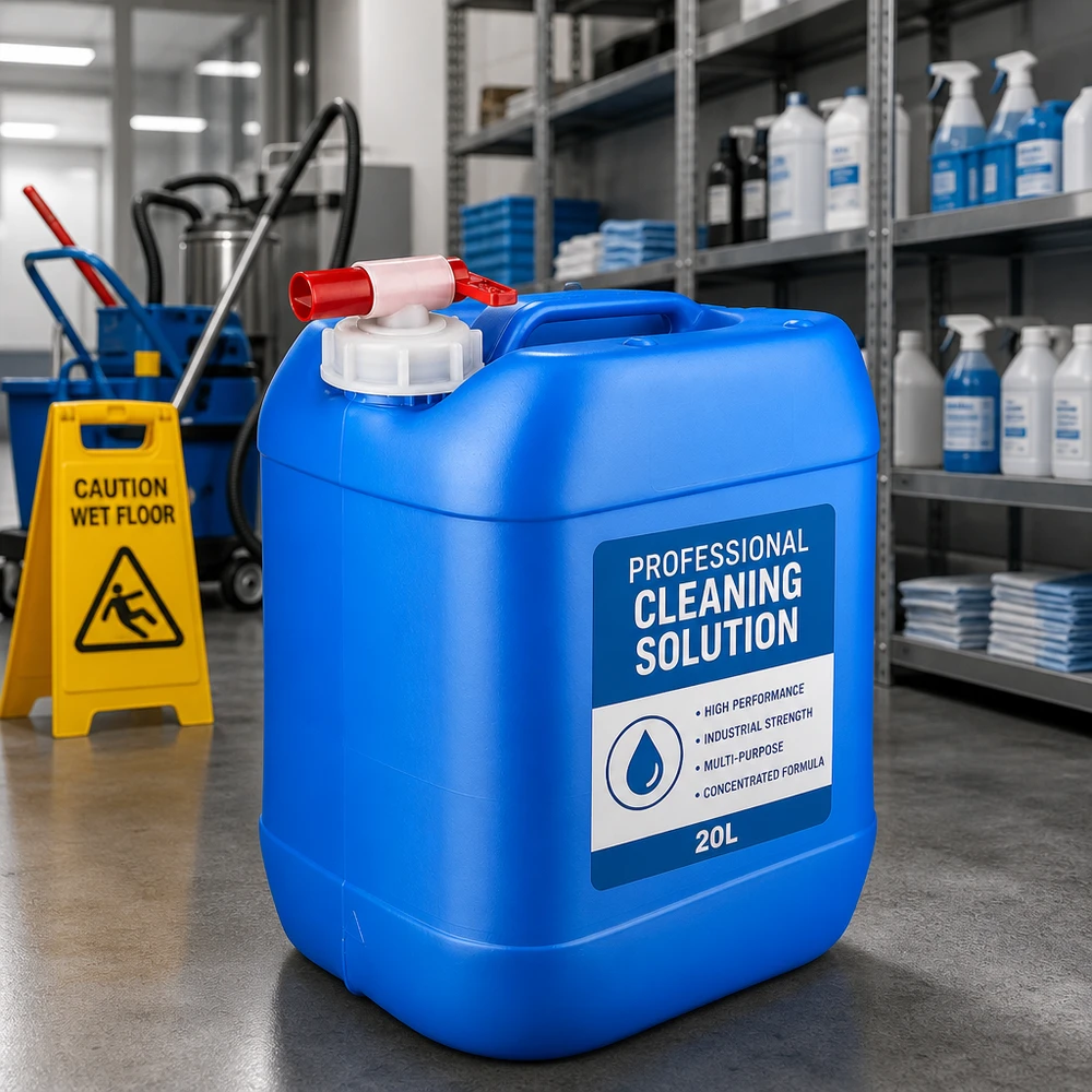 Canister 20 liter blauw met tapkraan Geconcentreerd reinigingsmiddel, jerrycan van 20 liter, blauw, met tapkraan, voor een gevuld magazijnrek