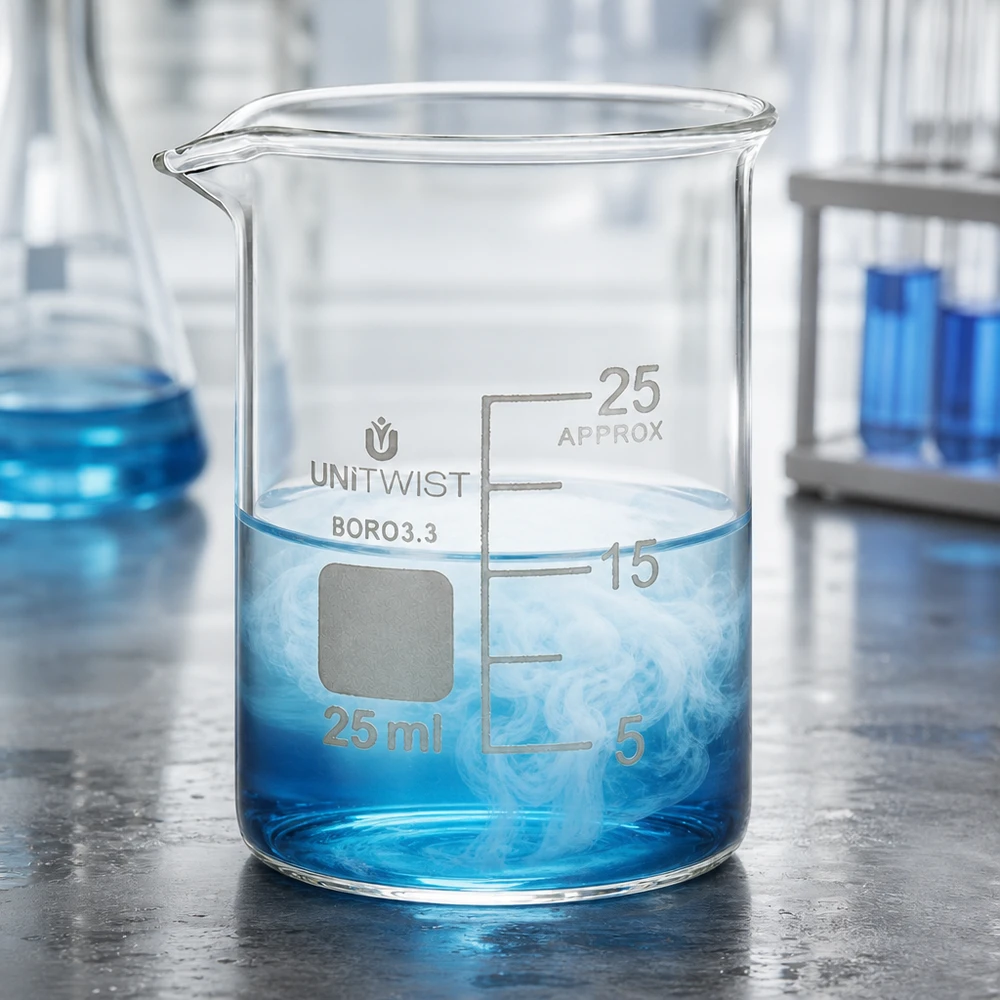 UNiTWIST laag glasbeker 25 ml met schenktuit en wit labelveld